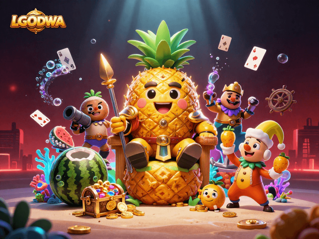 Engage with LGODEWA's vibrant beach casino scene featuring a pineapple king amidst gold and colorful gems.