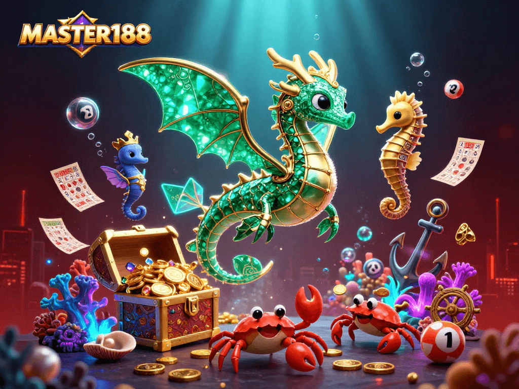 Engage in thrilling gameplay with MASTER188, featuring Togel numbered balls and a vibrant treasure chest.