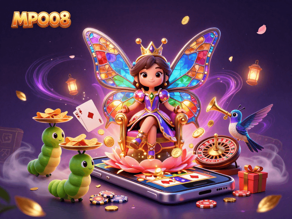 MPO08 offers thrilling slot experiences as a butterfly queen oversees players winning big among rich game elements.
