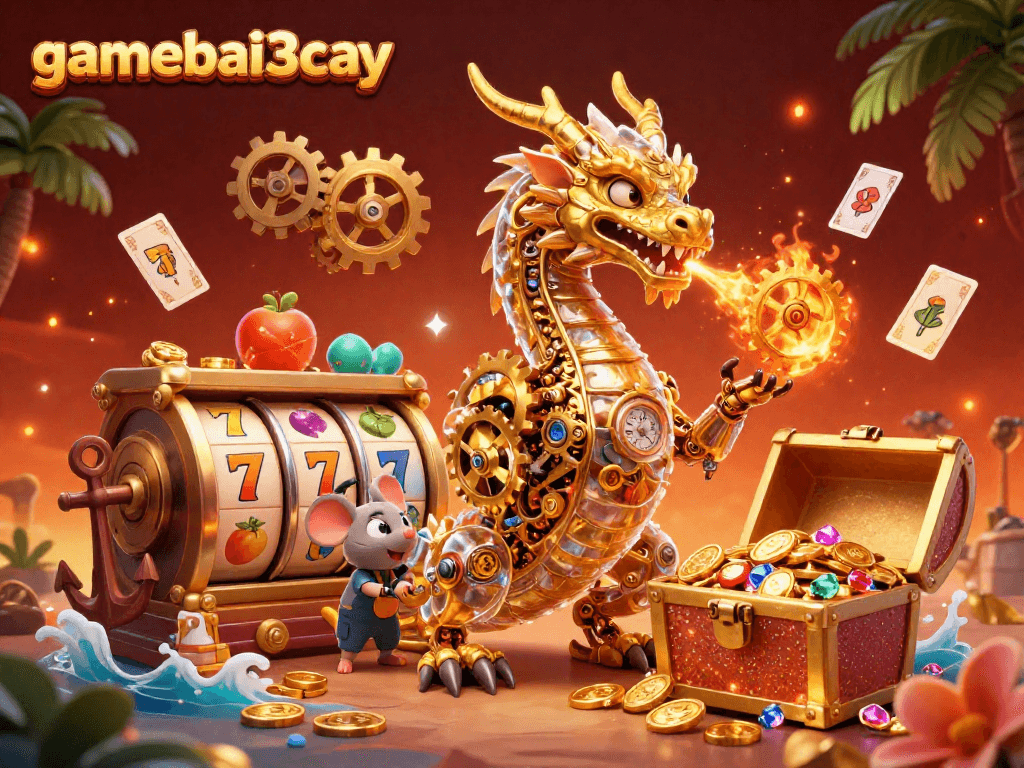 Experience thrilling gameplay at gamebai3cay with a golden dragon and slot reels in an exciting 3D scene.