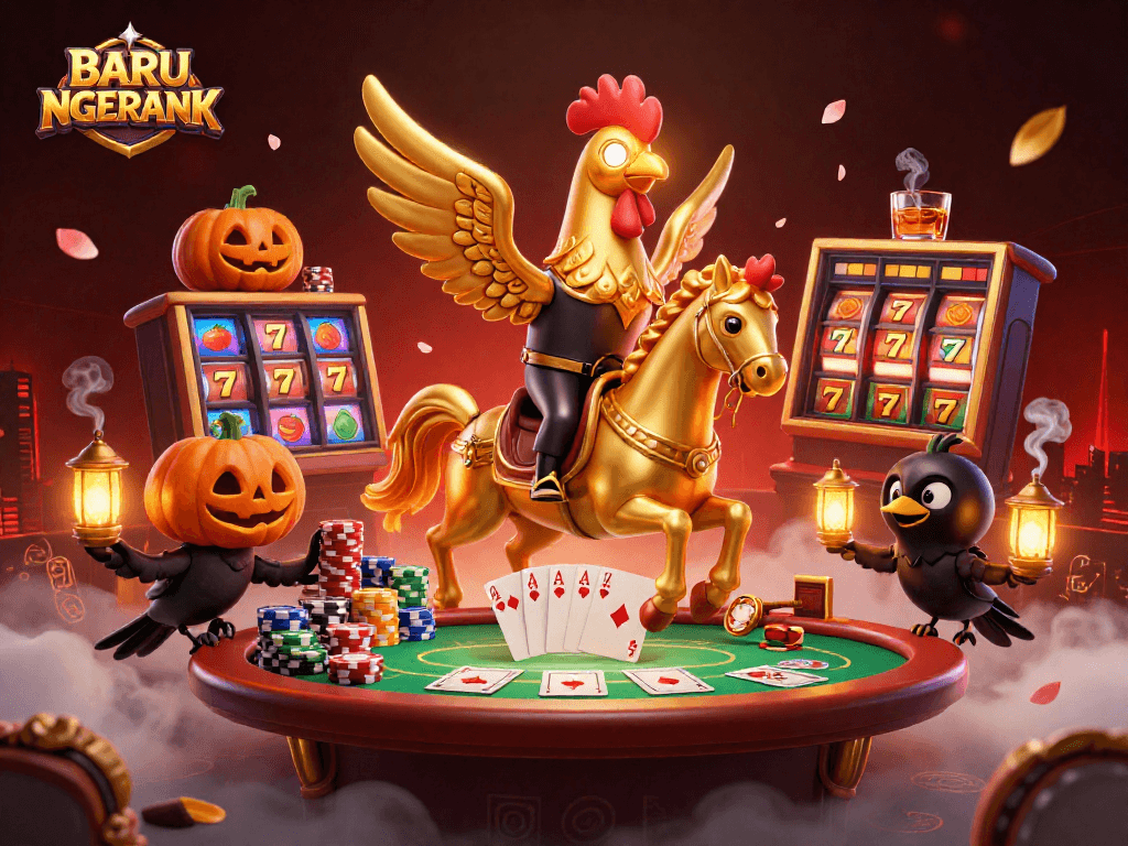 Join the thrilling casino action with BARU NGERANK - a vibrant 3D illustration of a golden rooster and friends amidst games and vibrant slot reels.