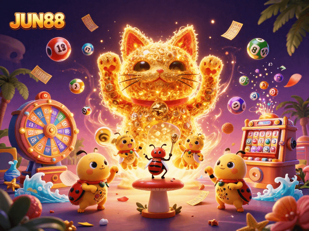 Experience the thrill of JUN88 with a lucky cat and dynamic gaming elements in vibrant colors.
