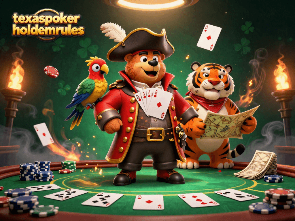 Playtexaspokerholdemrules with a pirate bear and tiger at a lively poker table