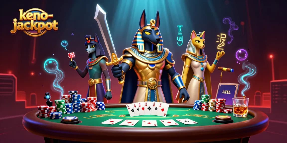 Keno-jackpot game scene featuring Anubis and Bastet among poker elements and vibrant visuals.