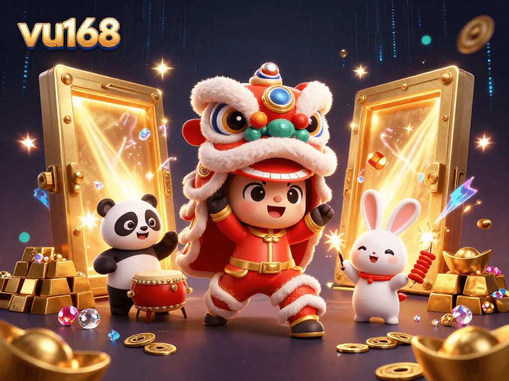 Experience the excitement of vu168 with a vibrant 3D illustration of a lion dance and treasures!