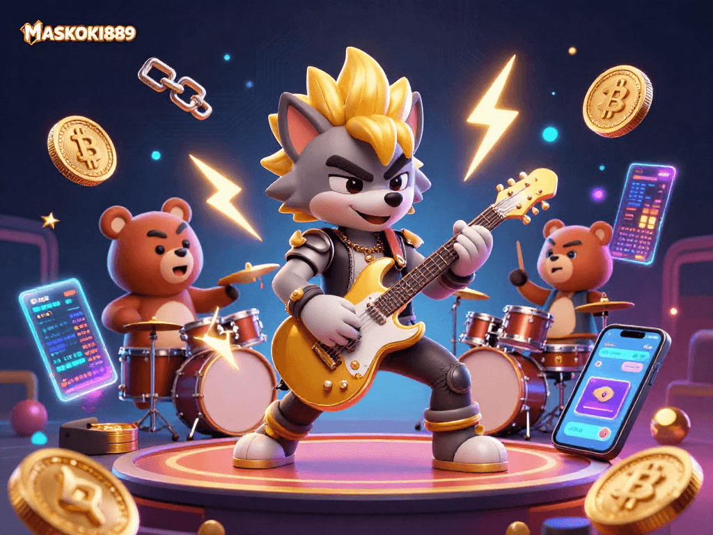 Immerse in the electrifying scene of MASKOKI889 with a rock star wolf and a wild drummer bear on a dynamic casino stage.