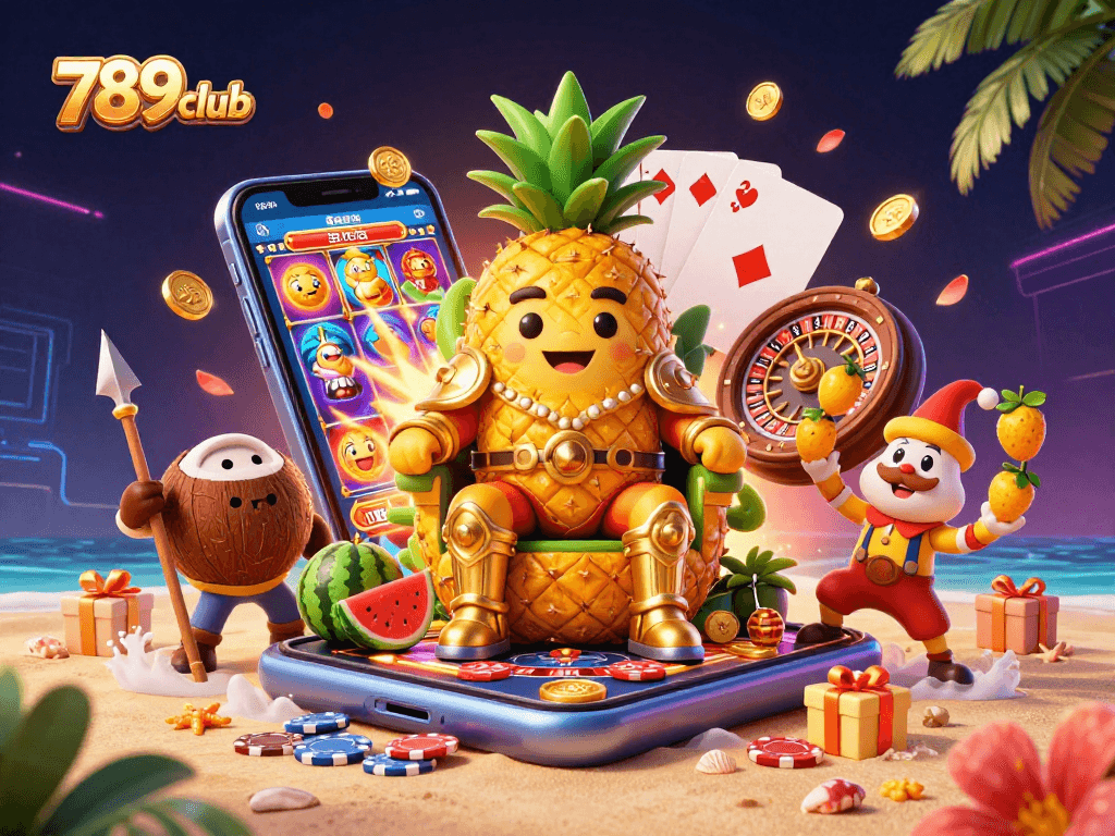 Engage with vibrant 789club casino action featuring a golden pineapple king, lively game elements, and rich visuals.