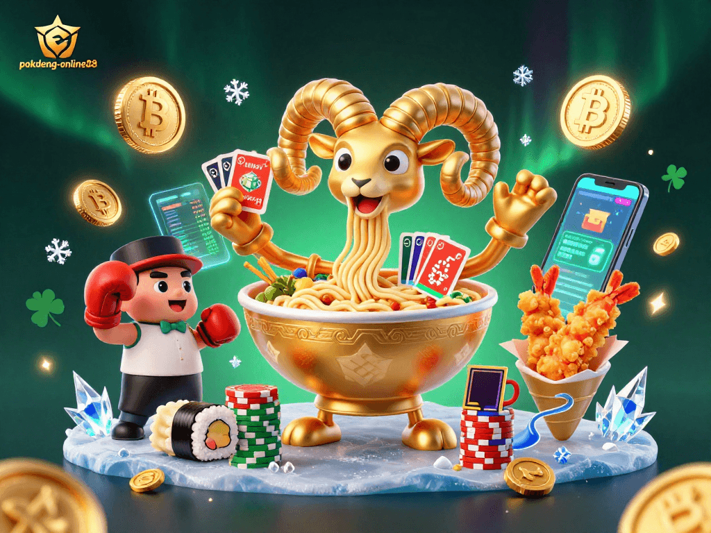 Engage with the dynamic pokdeng-online88 scene featuring a golden ramen bowl and crypto elements.