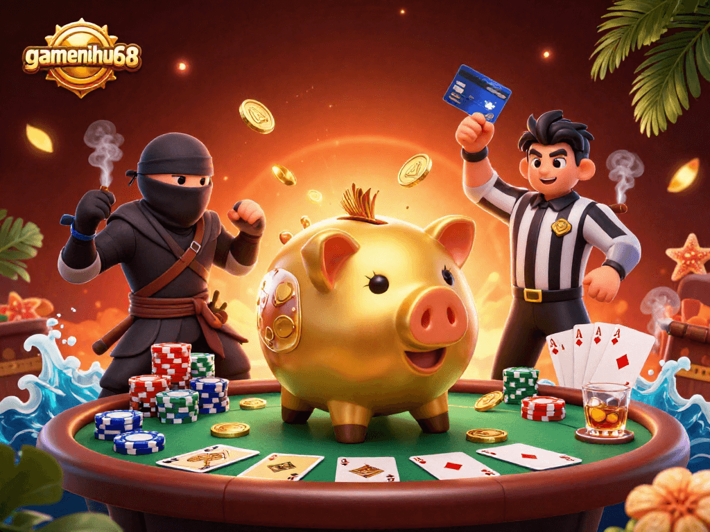 Experience thrilling gaming with gamenohu68 featuring characters battling at a poker table.