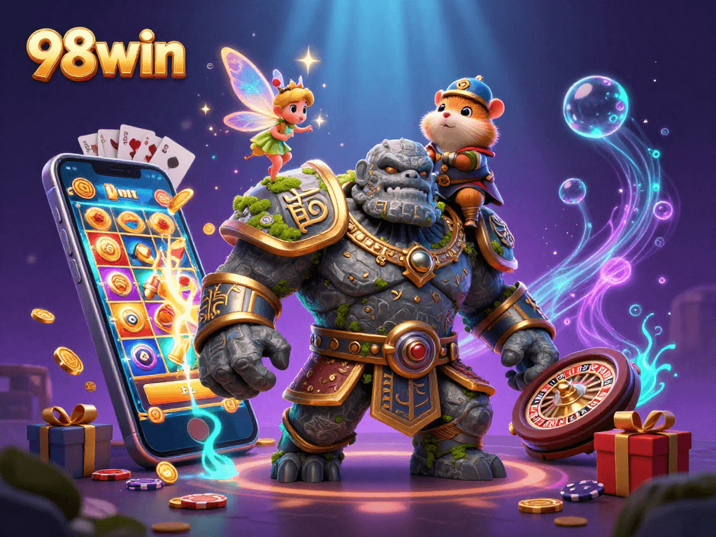 Experience excitement with 98win’s vibrant gaming scene featuring a magical golem and fairy.