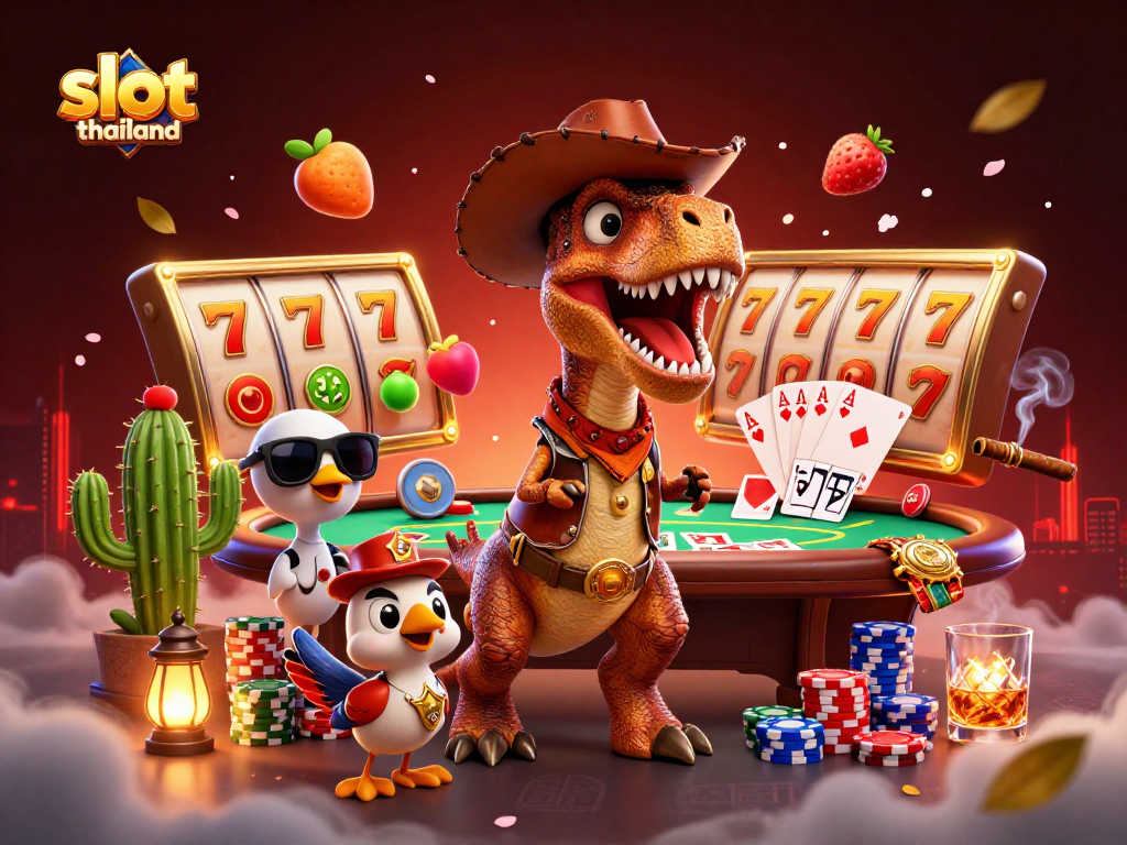 Engage in slot thailand excitement with vibrant characters showcasing reels, lucky symbols, and casino action.