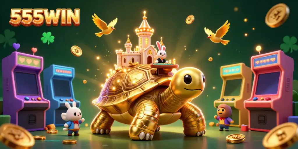 Experience the excitement of 555WIN with a vibrant casino scene featuring a golden tortoise and a rabbit dealer.