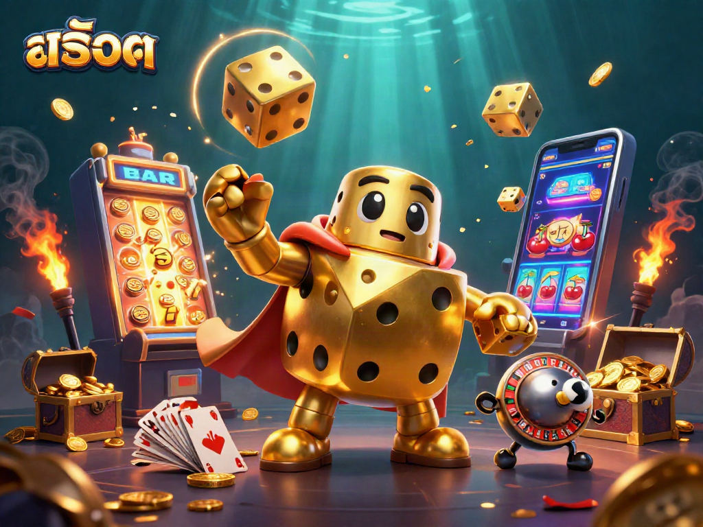 Engage with สล็อต through a vibrant 3D illustration of a golden dice golem, slot machines, and a jackpot explosion.