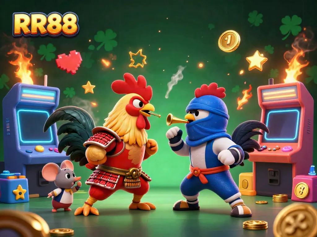 Bet on the fierce duel at RR88 with samurai and ninja roosters in a vibrant 3D arcade.