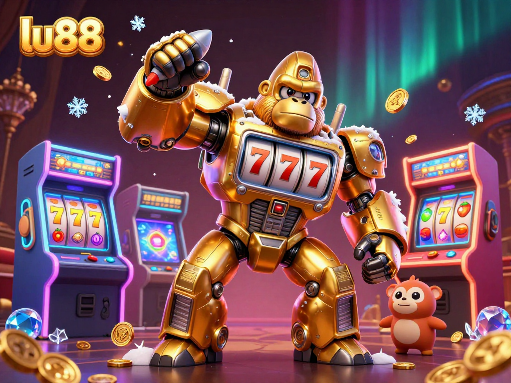 Experience thrilling slots with lu88's vibrant 3D illustration showcasing dynamic gaming elements and engaging characters.