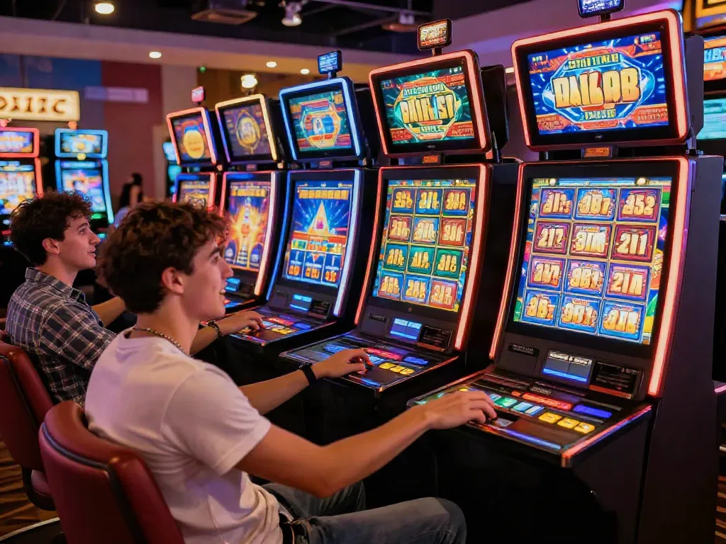 Players experiencing excitement at colorful slot jackpot machines in an online casino setting.