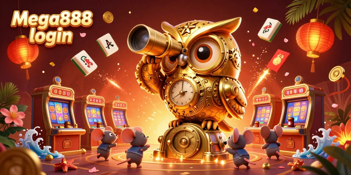 Experience Mega888 login with vibrant casino-themed 3D illustration featuring a golden owl and festive decor.