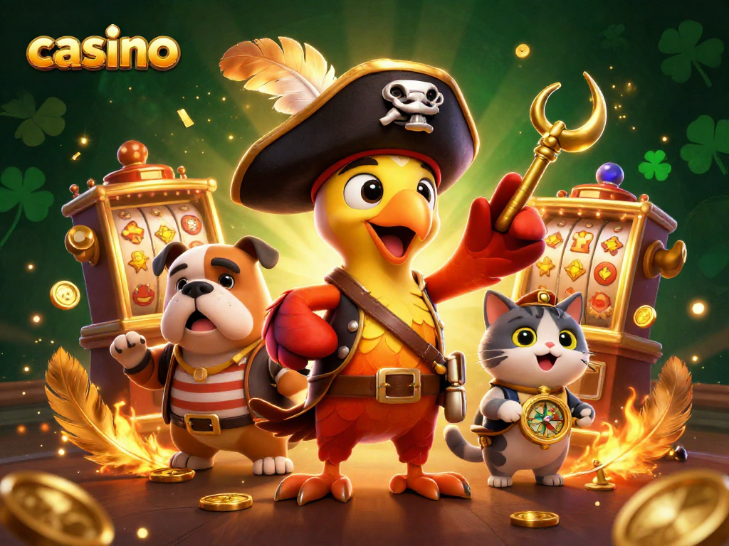 Engage with the casino action by a pirate captain amid gold coins and dynamic slot machines.