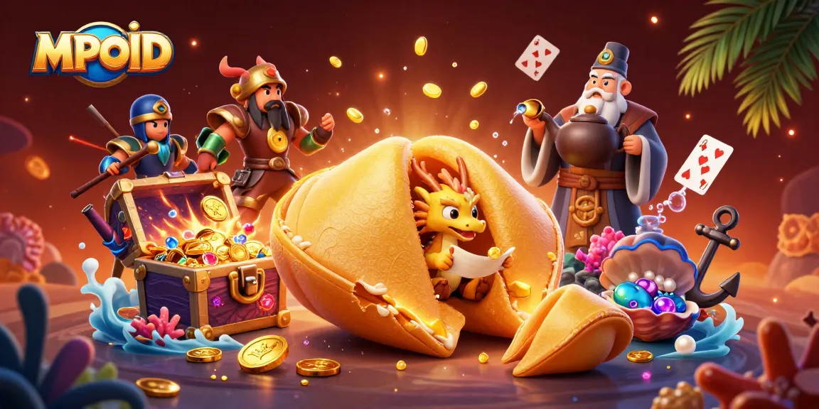 Engage with the MPOID gaming experience through colorful 3D digital illustration of casino treasures and fortune.