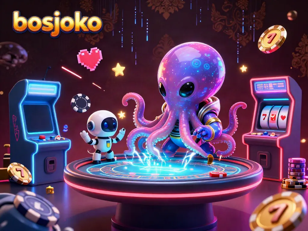 Experience thrilling gameplay at bosjoko with a lively alien octopus operating a holographic poker table.