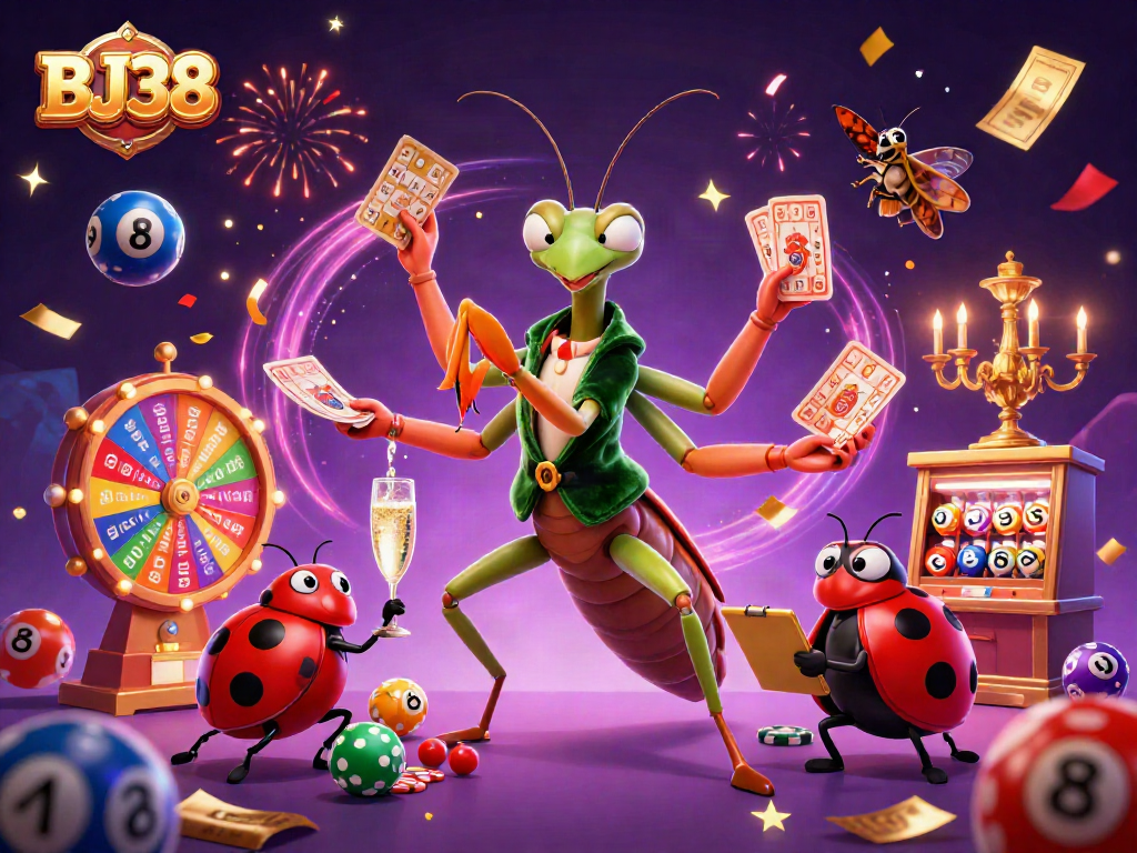BJ38 gaming scene with a giant mantis and ladybug, showcasing vibrant casino elements and dynamic action.