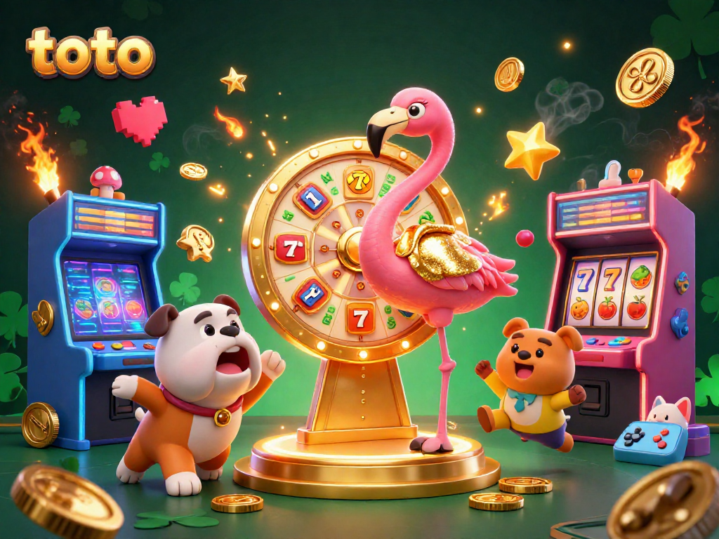 Gambar ilustrasi 3D yang menggambarkan aksi permainan menarik dengan toto, termasuk flamingo di acara permainan dan bulldog sebagai kontestan.
