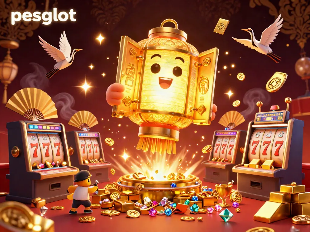 Experience thrills with pesgslot's vibrant casino illustration featuring golden characters, slot reels, and dazzling jackpots.