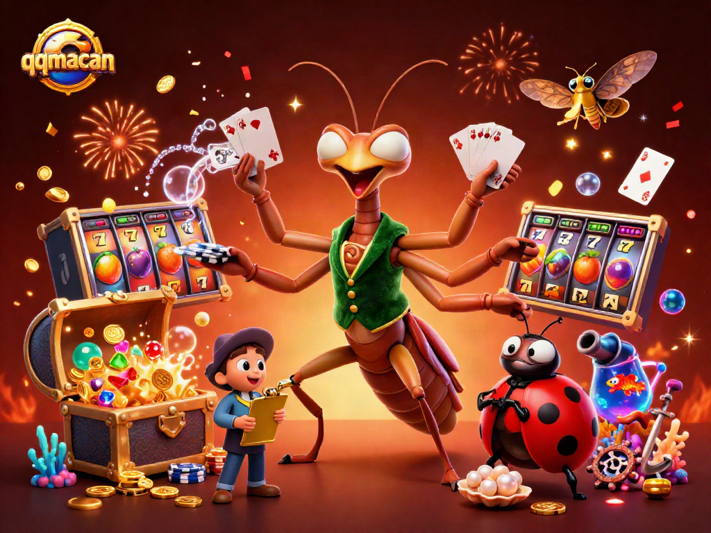 Experience thrilling gameplay at qqmacan where vibrant slot reels and dynamic casino characters embody excitement.