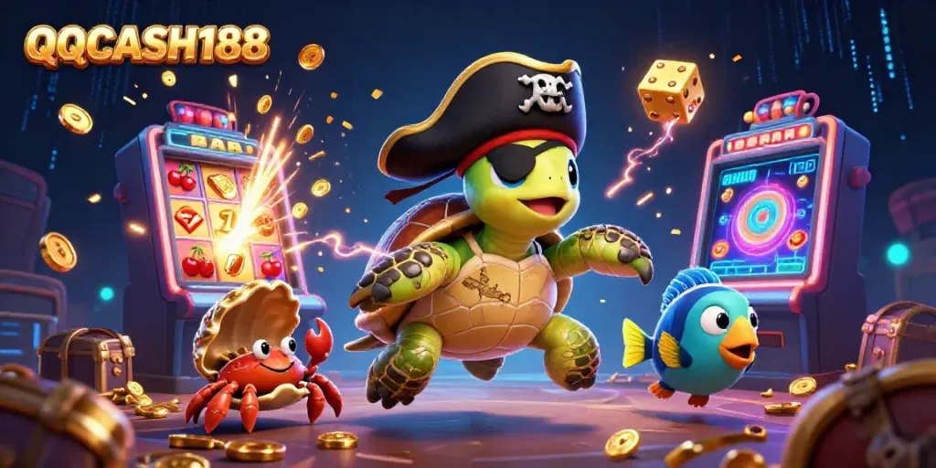 Engage in thrilling gameplay at QQCASH188 with vibrant scene showcasing cartoon pirate characters and casino elements.