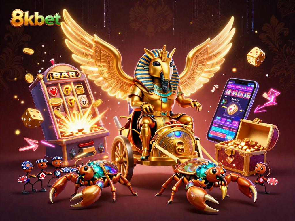 Experience the thrilling games at 8kbet with a golden scarab and scorpion chariot, bursting with casino excitement.