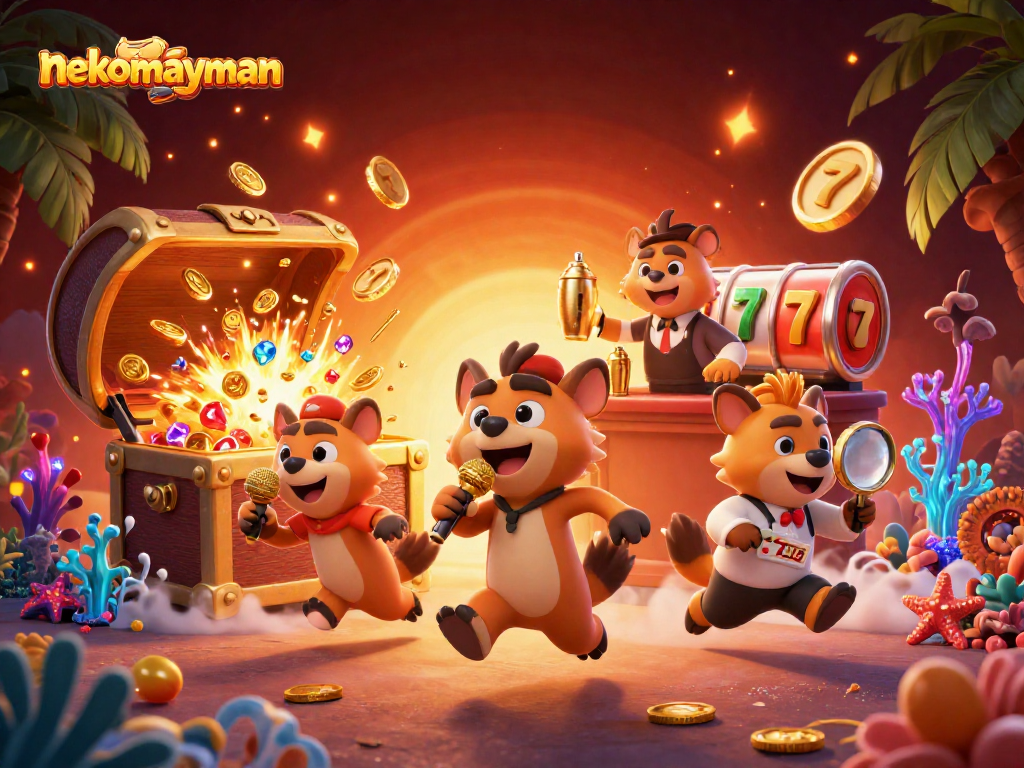 Experience the adventure of nekomayman with hyena characters in a lively casino scene, showcasing vibrant slot elements.