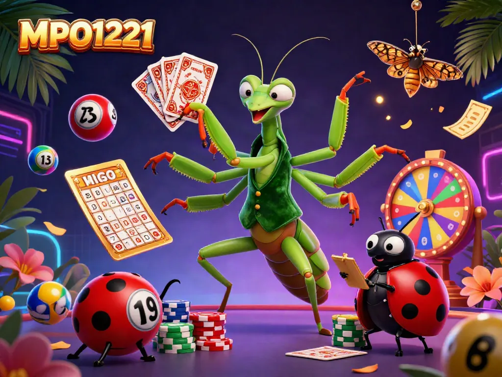 Engage in excitement with MPO1221's dynamic casino scene featuring vibrant game elements, a giant praying mantis card sharp, and a ladybug pit boss.