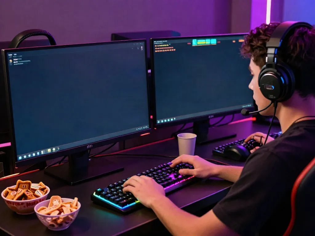 Pengguna mesinmpo bermain game slot Mahjong dengan antusias dan aksesori gaming di sekitarnya.