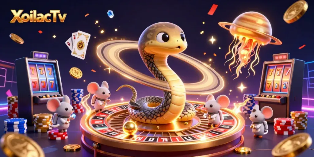 XoilacTv captivates with astronaut mice betting on a roulette wheel in a vibrant cosmic scene.