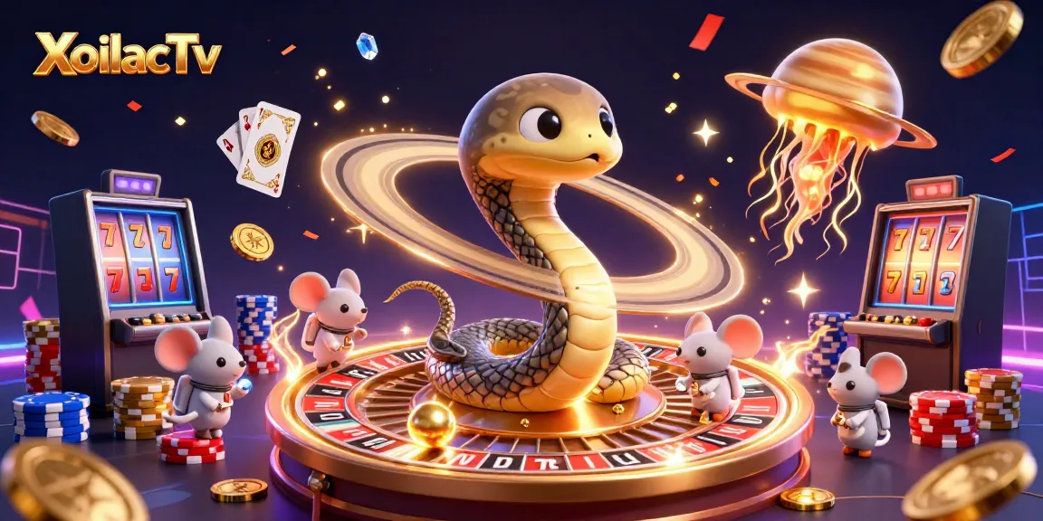 XoilacTv captivates with astronaut mice betting on a roulette wheel in a vibrant cosmic scene.