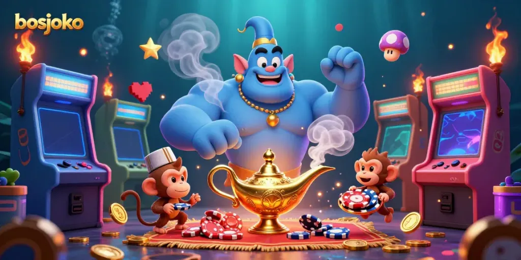 Join the thrilling action on bosjoko with a captivating genie and monkey in a magical casino atmosphere.