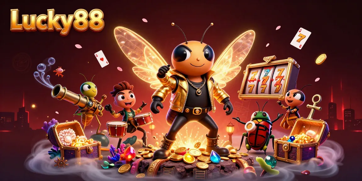 Lucky88 showcases a vibrant 3D casino scene with a cicada rock star and treasure elements.