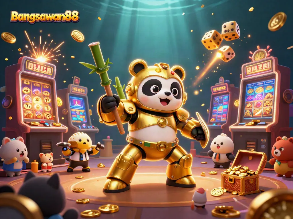 Bangsawan88 features a vibrant jackpot celebration with a mech-suit panda piloting a casino-themed robot.