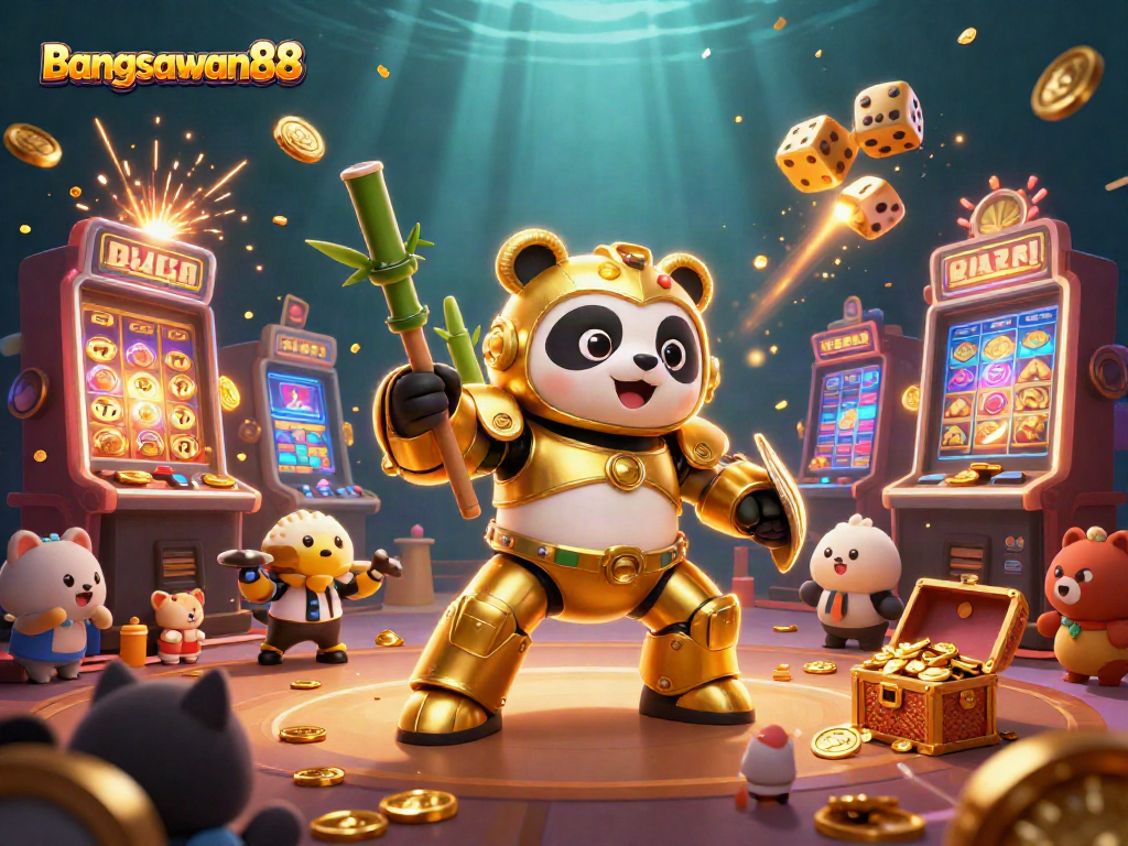 Bangsawan88 features a vibrant jackpot celebration with a mech-suit panda piloting a casino-themed robot.