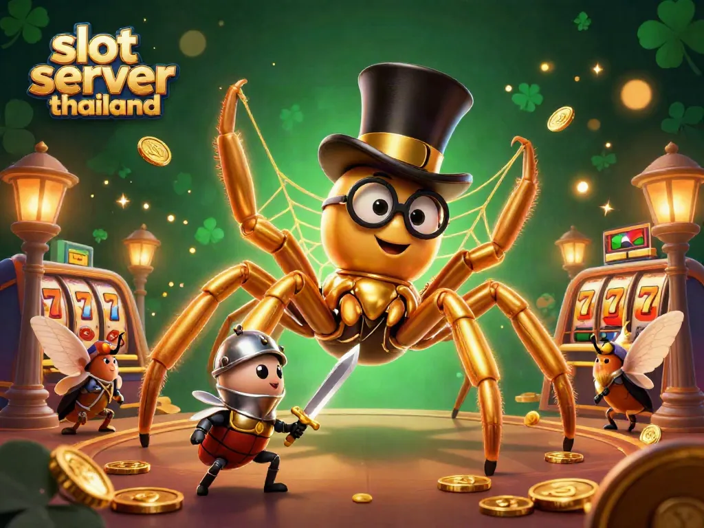 Engage with slot server thailand as a golden tarantula weaves luck in a lively casino environment.