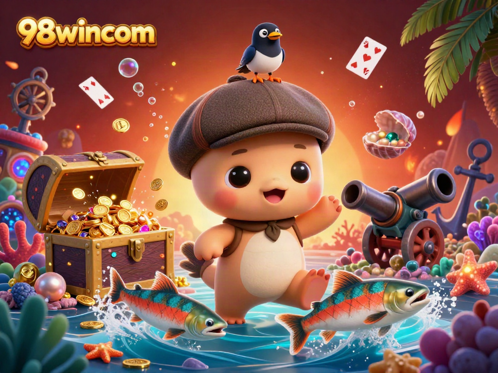 Catch energetic moments with 98wincom's colorful underwater casino scene featuring Nessie and a gold magpie.