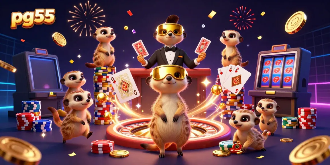 Engage in thrilling gaming action at pg55 with a playful meerkat casino scene filled with excitement.