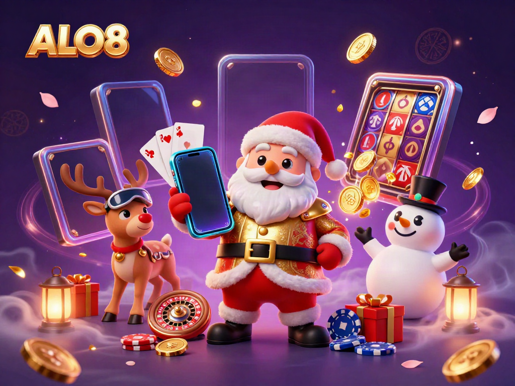 Experience the thrill of slots at ALO8 with Santa and friends celebrating wins in a vibrant casino.
