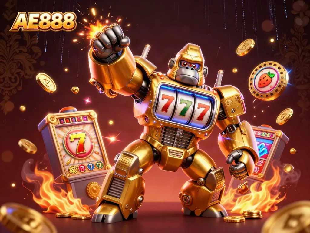 A dynamic 3D scene depicting AE888 with a golden gorilla mech, showcasing slot machine elements and vibrant casino action.