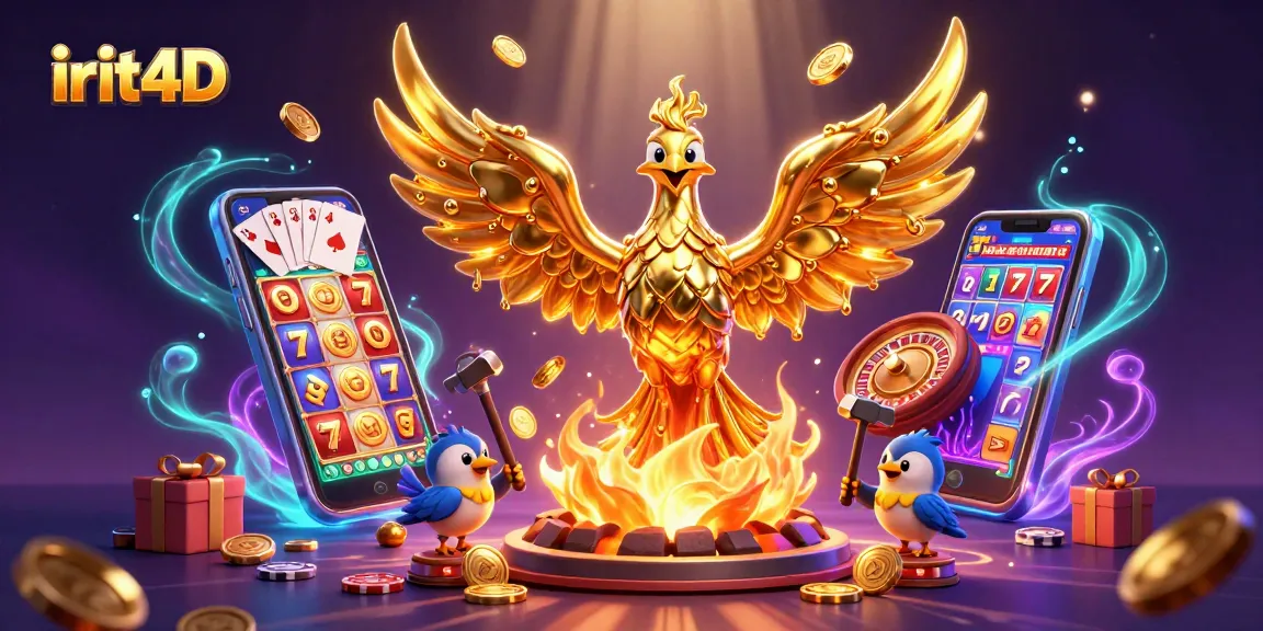Play exciting slots at irit4D with golden coins and dynamic games surrounding a golden phoenix