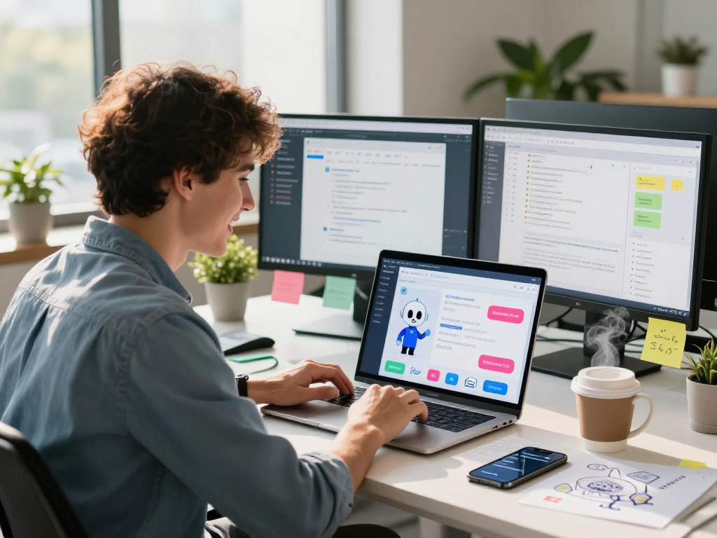 Dynamic interaction with spicy ai chatbot in a vibrant tech workspace, showcasing digital engagement.
