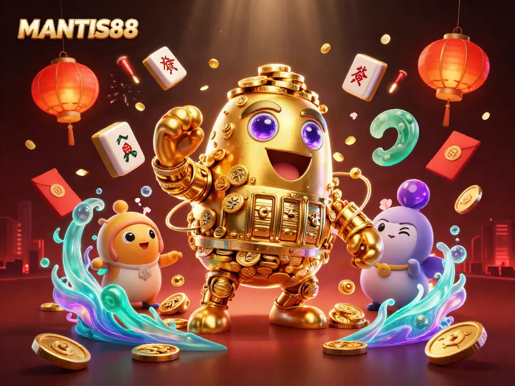 Experience the magic of MANTIS88 with a vibrant casino-themed illustration showcasing gaming excitement.