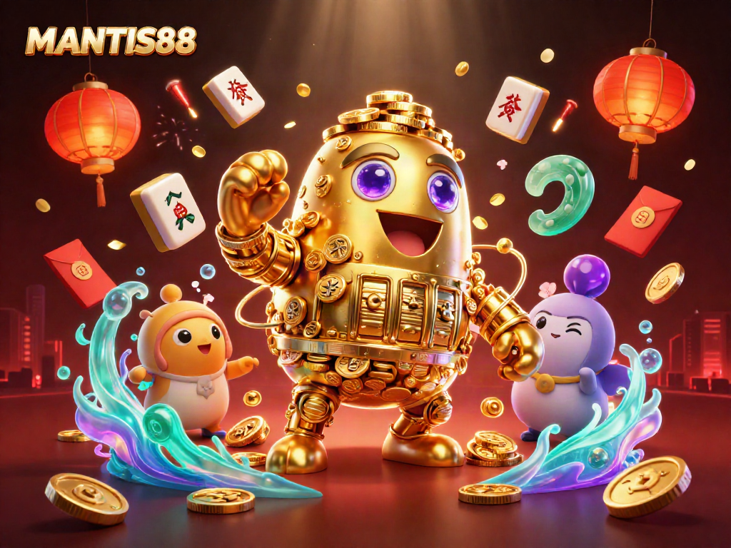 Experience the magic of MANTIS88 with a vibrant casino-themed illustration showcasing gaming excitement.