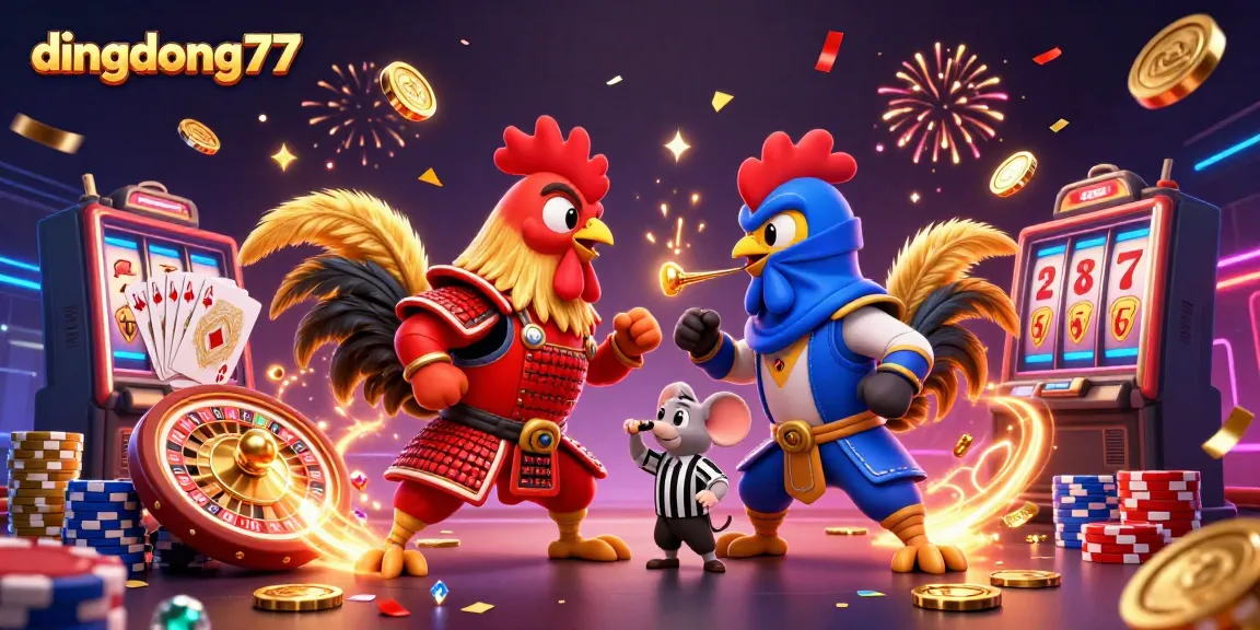 Witness the thrilling showdown of dingdong77's fighting roosters in a lively casino atmosphere as golden coins and gems fly!