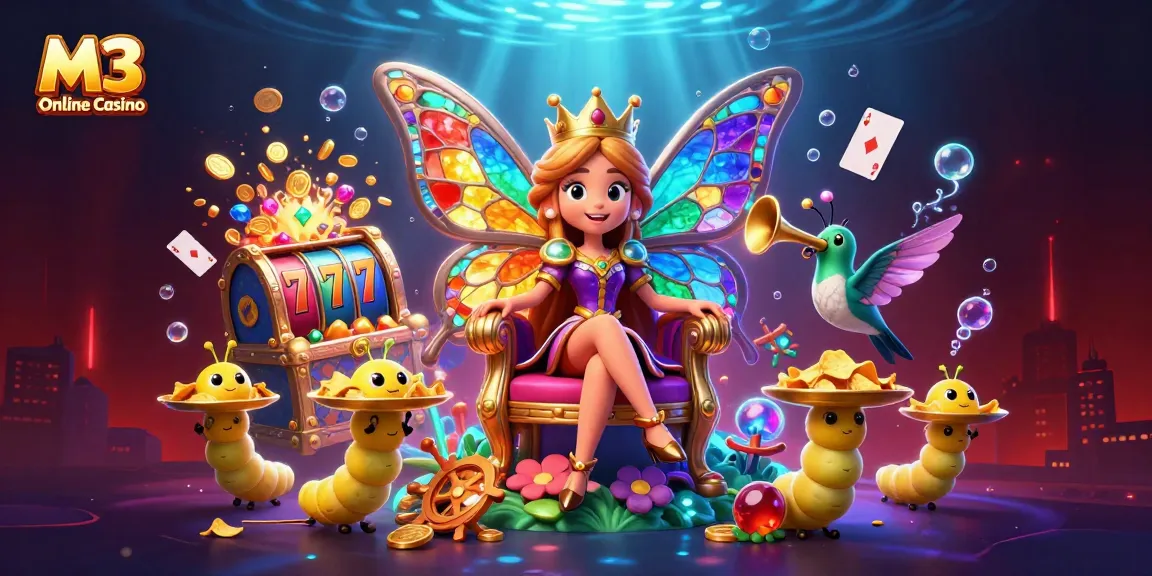 M3 Online Casino features a vibrant illustration of a butterfly queen amidst lively slot graphics and treasure.
